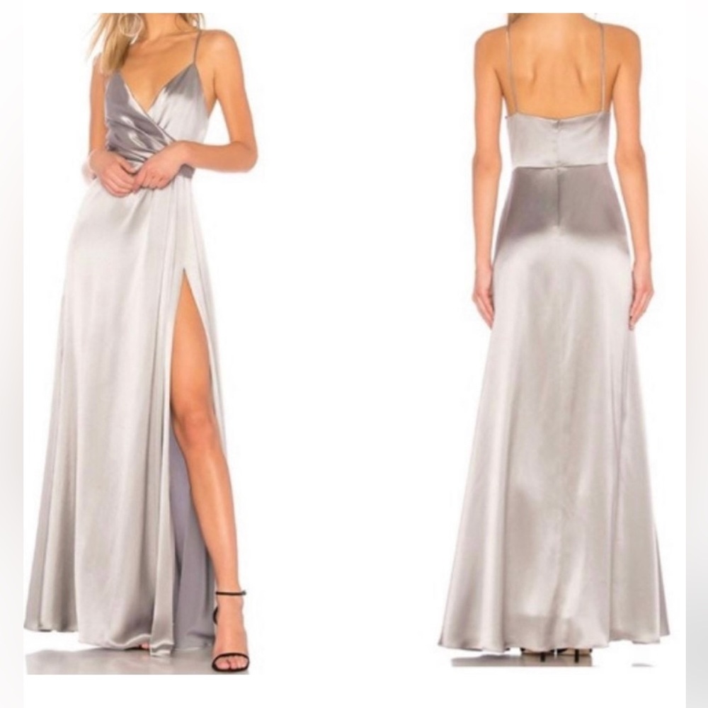 Jill Jill Stuart Metallic Wrap Gown in Silver/Grey Satin Size 02